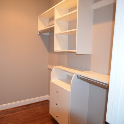 Simple single wall for Closet Curves, in a girls room this time; single hang, double hang, shelves, and drawers.