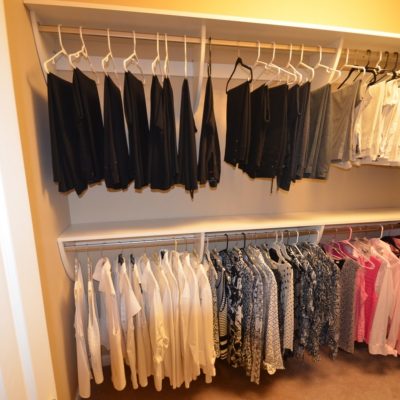 Double hang...And someone listened to me! Put your pants (over a hanger) on the upper bar and blouses below. Much easier to see which black pants you want! And it opens up the "mid-shelf."