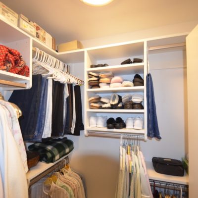 This small walk-in was SO underutilized with the (as usual) one wire shelf originally installed. Closet Curves options tripled the utility for our client.