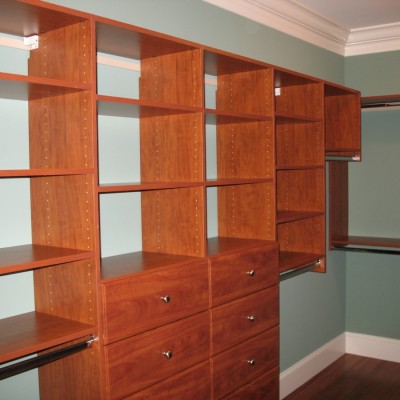Deluxe wall system illustrates our most popular layout options, single and double hanging, shelves and drawers.