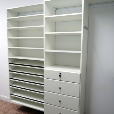 An angled shoe display steps back from full depth drawers and shelves. That's a locking jewelry drawer on top.