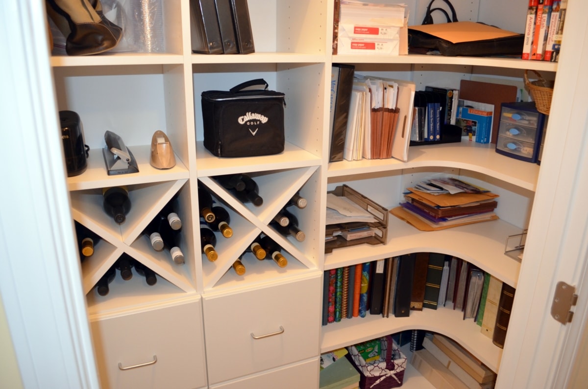Do you have that closet that's deeper than a "reach-in" but not a "walk-in?" How about we call it a "step-in" and maximize it with curves corner shelves, four file drawers and wine storage.